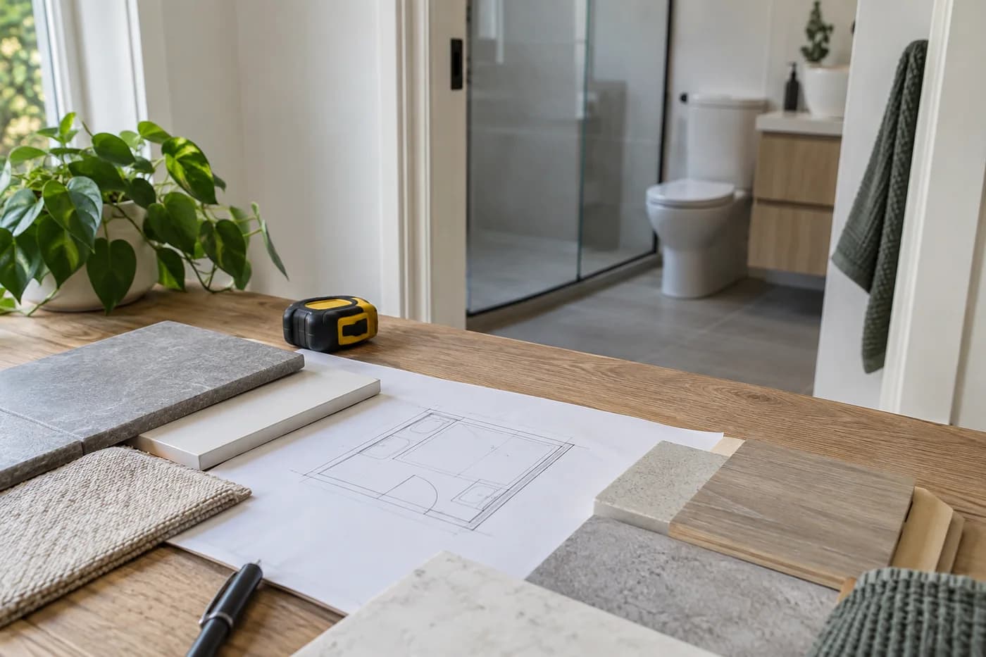 Bathroom floor plan, tile samples and tape measure on a planning desk